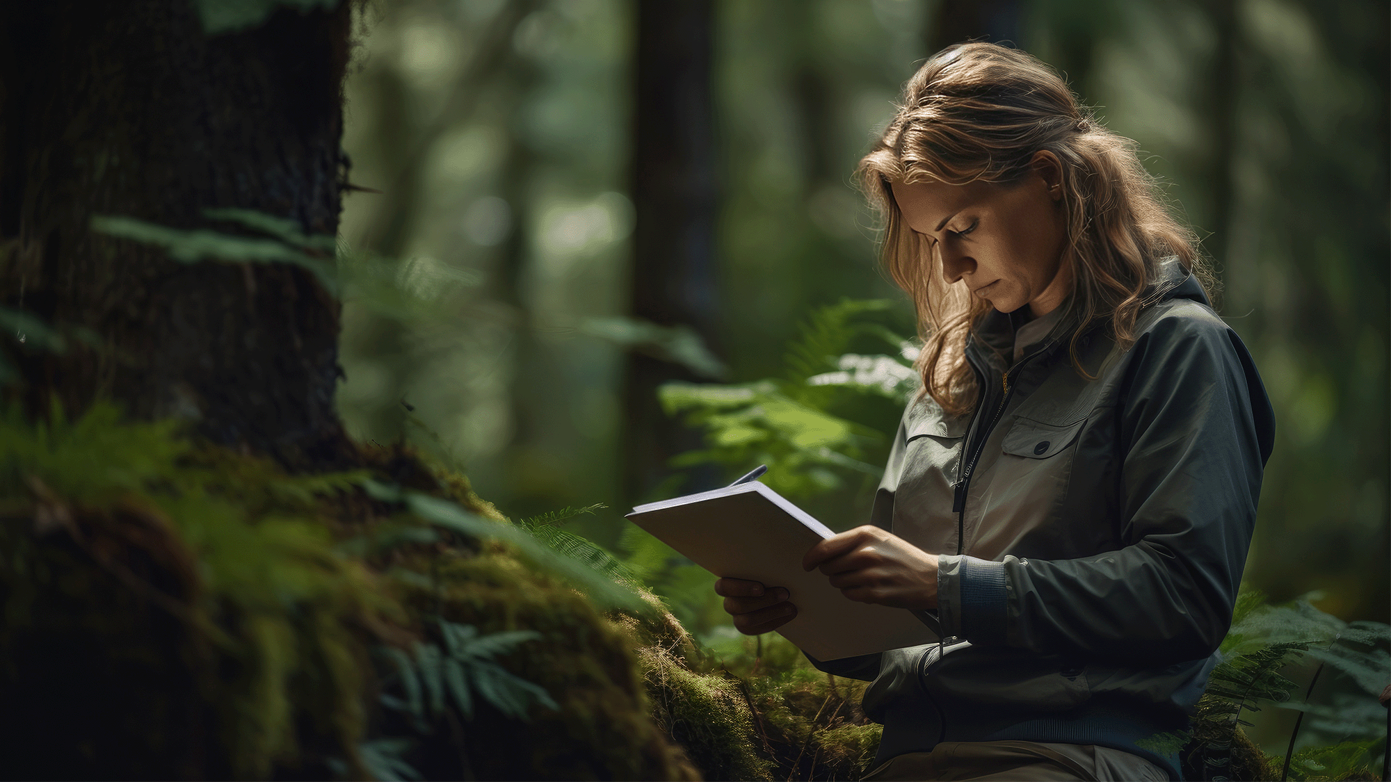 una mujer en plena naturaleza mirando su tablet