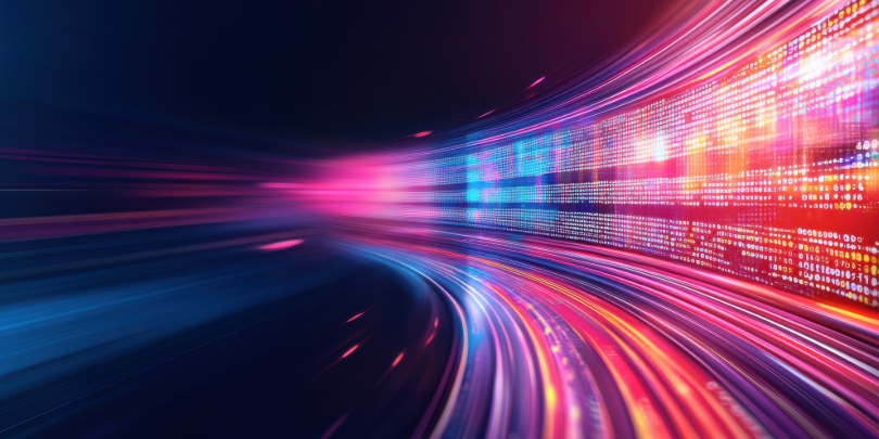 luces tecnológicas en azul, naranja y rosa